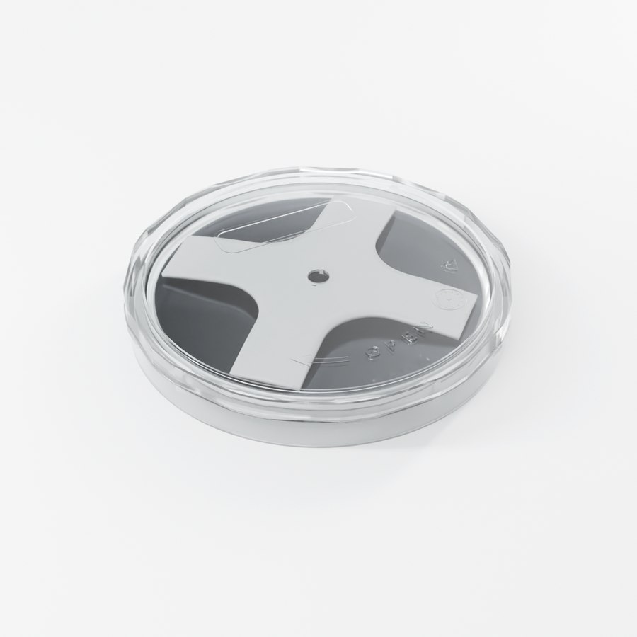 Rendering of the closed ePAK eWB1019-ASSY-1 InP wafer shipper with the PBT cross spring visible through the clear lid